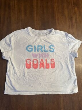 Athleta White Tee with Blue, Purple, and Coral Graphic - Girls